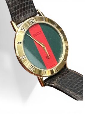 Vintage Gucci Web Stripe Watch Gold Roman Bezel Green Red Dial Swiss Made